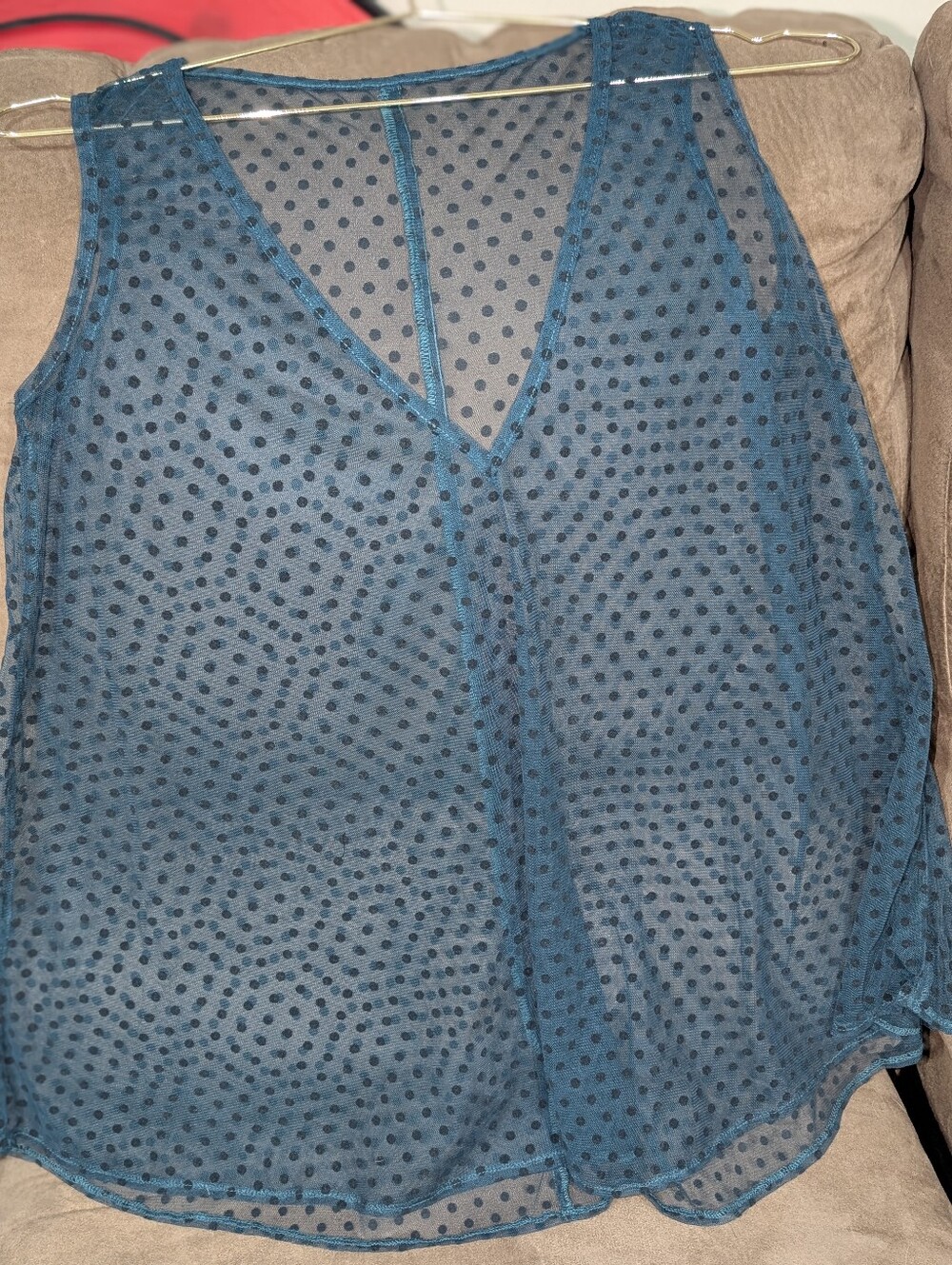 Sheer Polka Dot V-Neck Tank - Teal